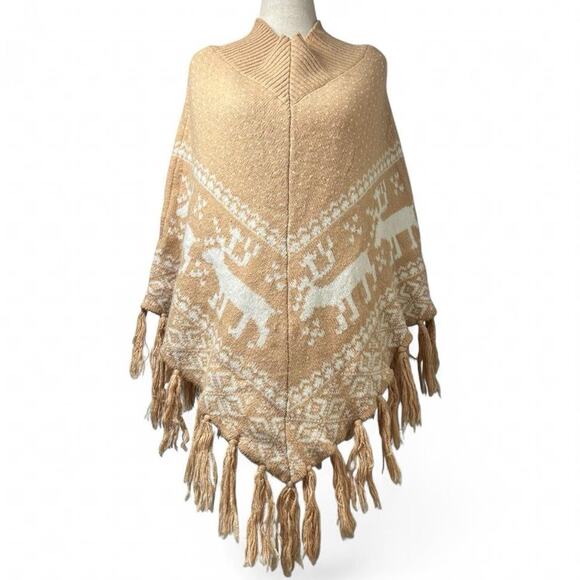 Vintage Y2K Steve Madden Reindeer Holiday Pattern Fringe Poncho Wool Blend - Picture 2 of 6